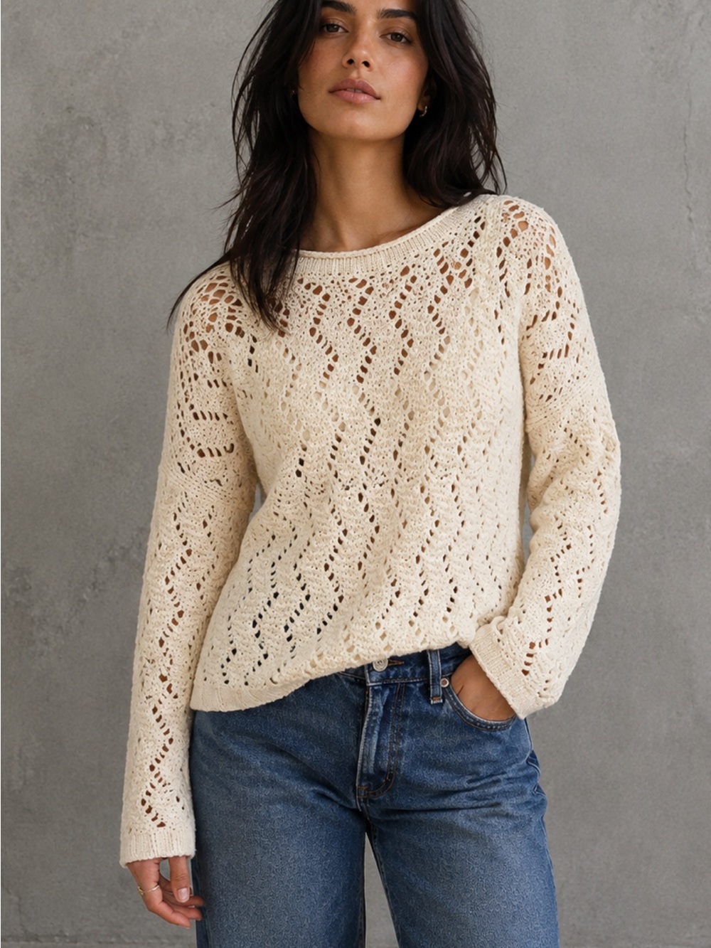 Anthropologie Akemi + Kin Sable Pointelle Open Knit Cotton Sweater Cream Size S